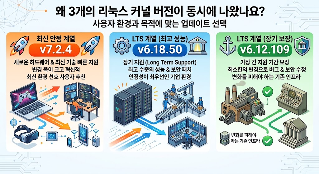 왜 3개의 리눅스 커널 버전이 동시에 나왔나요 ?